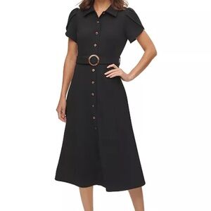 Calvin Klein Puff-Sleeve Belted Midi Dress Size 2